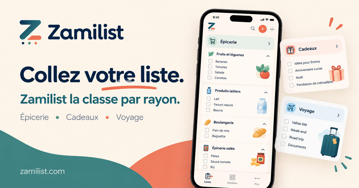 Aperçu Zamilist : collez vos produits, ils sont regroupés par rayon